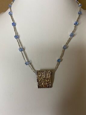 5/$15 Gold Textured Square Pendant Necklace with Light Blue Beads -